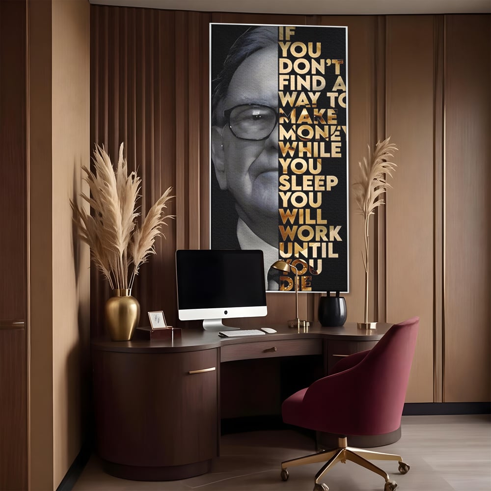 Tablou canvas cu tablou canvas cu warren buffett, in rama de aluminiu argintiu, pe perete intr-un birou